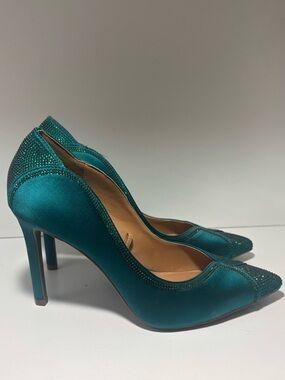 Green Satin Pointed-Toe High Heels with Crystal Detail